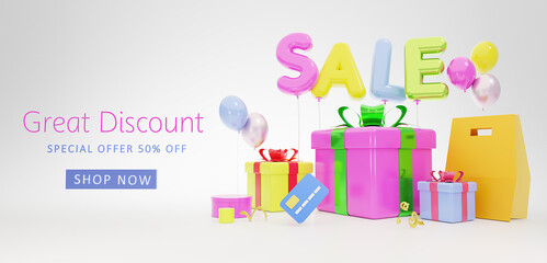 3d stage for SALE with credit card, gift box and ballon. Template design for 3D graphics. 3d render.