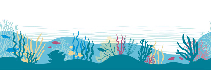Seamless underwater panorama on white background. Vector illustration. © Евгений Горячев