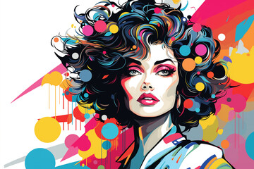Colorful pop art of a sexy female with sunglasses 1980 style. AI Generative