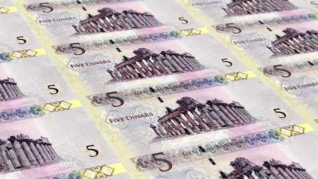 Libya Libyan Dinar 5 Banknotes Money Printing House, Printing Five Libyan Dinar, Printing Press Machine Print out Libyan Dinar, Being printed by currency press machine 5 Libyan Dinar banknote
