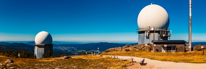 High resolution stitched summer panorama with two radar antenna domes at Mount Arber, Bayerisch...