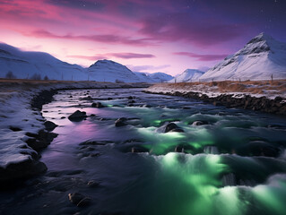 Nothern lights, mountains and lake winter landscape. New Year concept