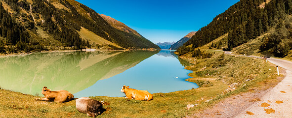 High resolution stitched alpine summer panorama with reflections at the famous Gepatsch Reservoir,...