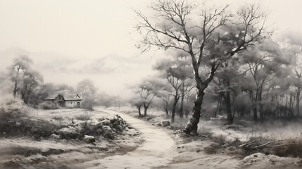 misty morning in the forest, Chinese Ink wash painting