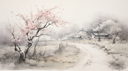 Fototapeta na wymiar road and view, Chinese Ink wash painting
