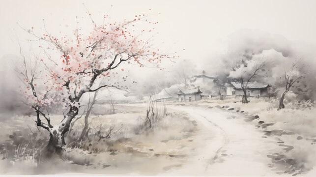 road and view, Chinese Ink wash painting