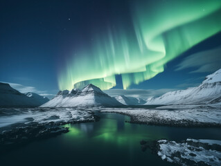 Fototapeta premium Nothern lights, mountains and lake winter landscape. New Year concept