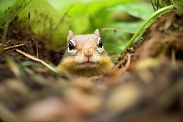 Naklejka na ściany i meble chipmunk emerging from burrow with mouth full of leaves