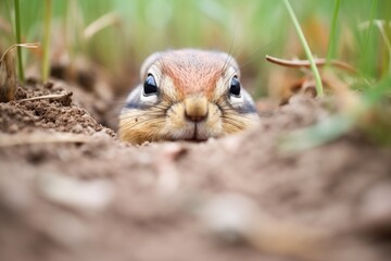 chipmunk with cheeks full near hole in ground