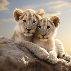 Close up image of two baby, lions cubs sitting in the same position in nature