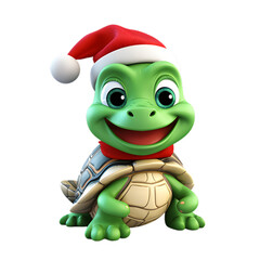 3d christmas turtle with santa hat isolated on transparent background