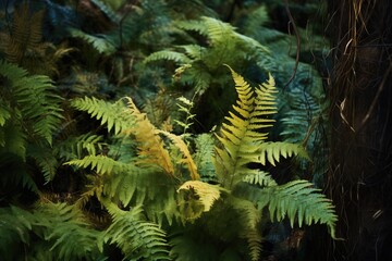 ferns and underbrush in a dimly lit woodland