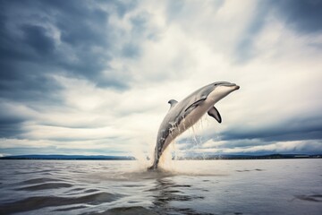 dolphin mid-leap with distant storm clouds