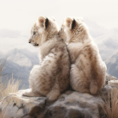 Close up image of two baby, lions cubs sitting in the same position in nature