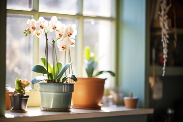 Obraz na płótnie Canvas sunlight shining on potted orchids near window