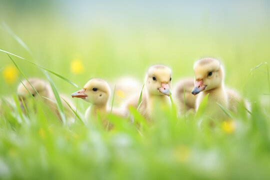 goslings following mother goose on grass