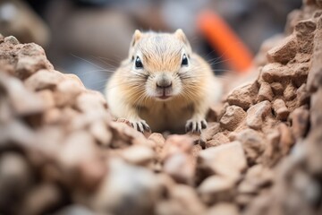 gerbil looking down from top of rock pile - obrazy, fototapety, plakaty