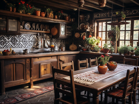 A kitchen with pots and pans from the ceiling. Authentic interior of a wooden house