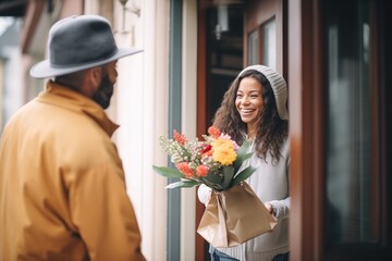 delivery person giving a customer a floral package