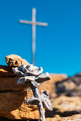 Details of a stone rose with a summit cross from 1931 at Mount Arber, King of the Bavarian Forest, Top of Lower Bavaria, Bayerisch Eisenstein, Bodenmais, Bavaria, Germany