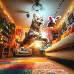 A Domestic Shorthair cat mid-leap, catching a toy mouse beside a plush sofa in a colorful, cozy living room.