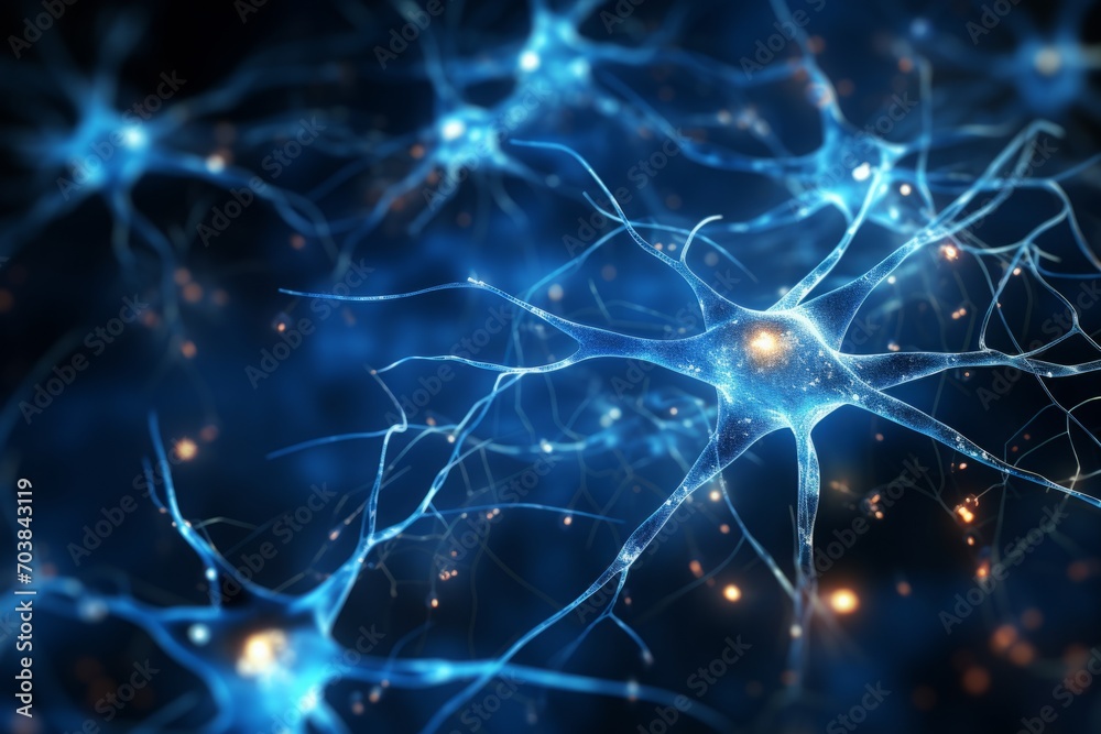 Wall mural neuron cells neural network under microscope neuro research science brain signal information transfe