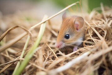 mouse weaving grass into nest structure