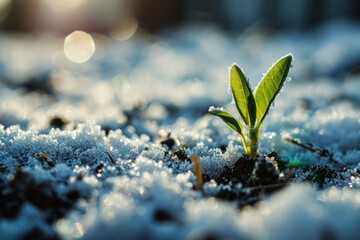 Young green sprout emerging from snowy frozen ground announcing end of winter end beginning of spring season - obrazy, fototapety, plakaty