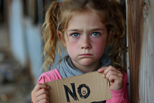 Young kid girl holding a sign with written word No to stop war or violence against children , against abuse or racism concept image