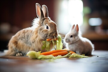 rabbit with offspring munching carrots - obrazy, fototapety, plakaty