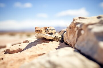rattlesnake peering over desert stone