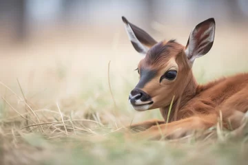 Fotobehang roan antelope calf lying in the grass © stickerside