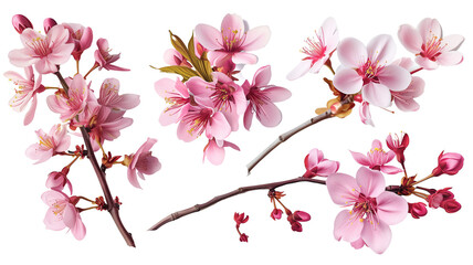 Set of beautiful cherry blossom flowers isolated on transparent background.