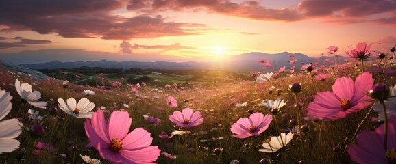Amazing and beautiful of cosmos flower field landscape in sunset