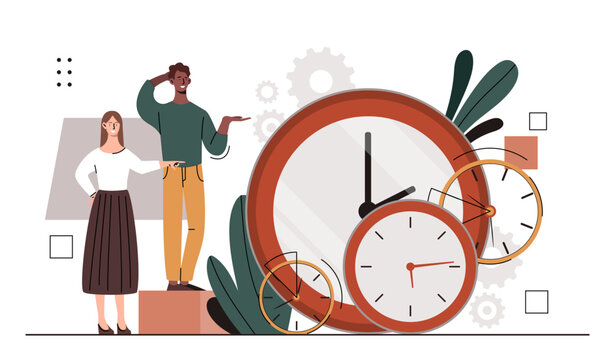 People with big clock. Man and woman with time management. Yougn guy and girl near watch. Scheduling and planning concept. Cartoon flat vector illustration isolated on white background