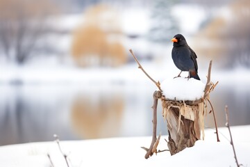 crow perched on snowman overlooking frozen pond
