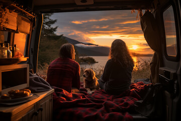 Couple and dog enjoy they vacation with beautiful landscape view on camper van. Road trip, holiday