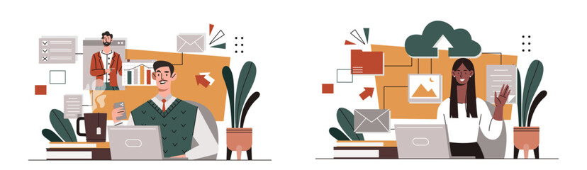 Business communication set. Man and woman with graphs and diagrams. Colleagues and partners. Collaboration and cooperation. Cartoon flat vector collection isolated on white background