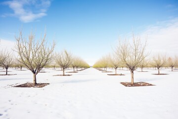 Fototapeta na wymiar wide-angle shot of a wintry nut orchard