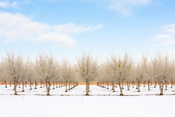 snow-covered apple trees in neat rows