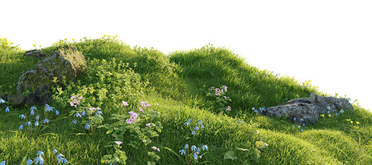 Verdant Hill Blooming with Yellow Flowers in Spring. 3D render.	
