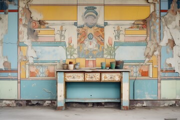 faded murals on a crumbling wall