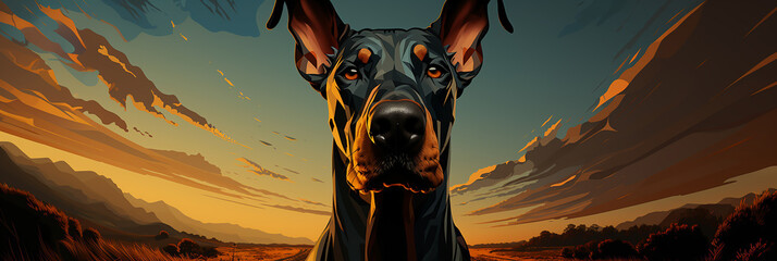 Closeup of doberman pinscher dog illustration on a sunset sky background.Animal wide web banner - obrazy, fototapety, plakaty