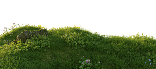 Verdant Hill Blooming with Yellow Flowers in Spring. 3D render.	
