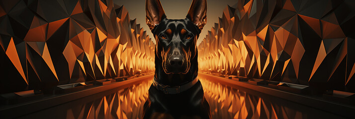 Closeup of doberman pinscher dog on a gold color triangle shapes background.Animal wide web banner