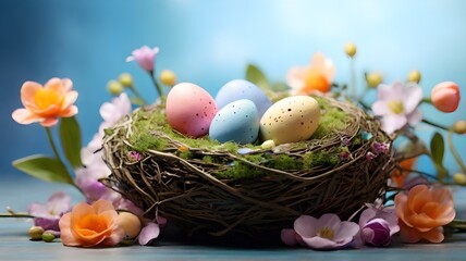 Fototapeta na wymiar Colorful easter eggs in nest with flowers on blue background.