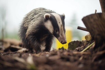 badger grooming outside its burrow