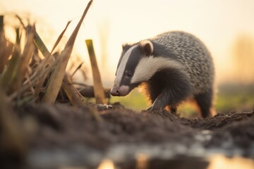 badger foraging near burrow with soft sunset light