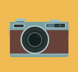 Cell old style camera concept. Retro equipment for taking photos. Vintage item. Back to 80s and 90s. Graphic element for website. Cartoon flat vector illustration isolated on yellow background