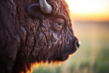 backlit image of bison fur with prairie sunrise behind